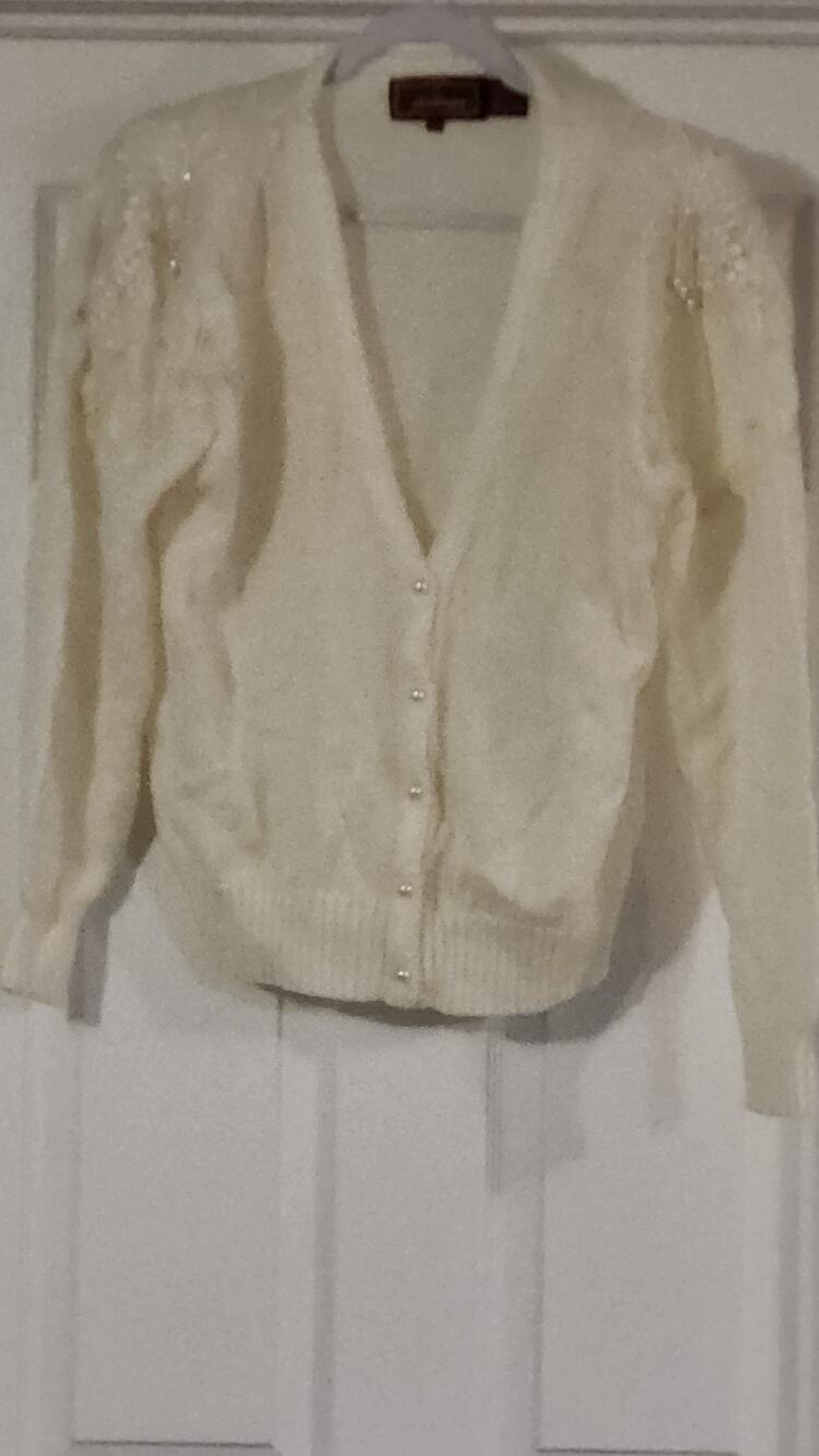 VTG 80s Worthington Beaded Cardigan Sweater Cream Ivory Pearl Button Large #363